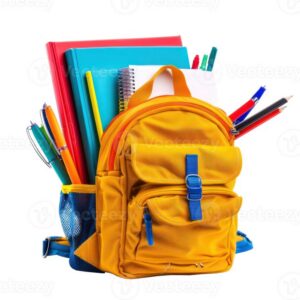Home school backpack with stack book and pens isolate on transparency background